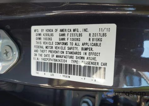 2011 Honda Accord 2.4 Lx-P from USA, damaged, VIN 1HGCP2F47BA042324